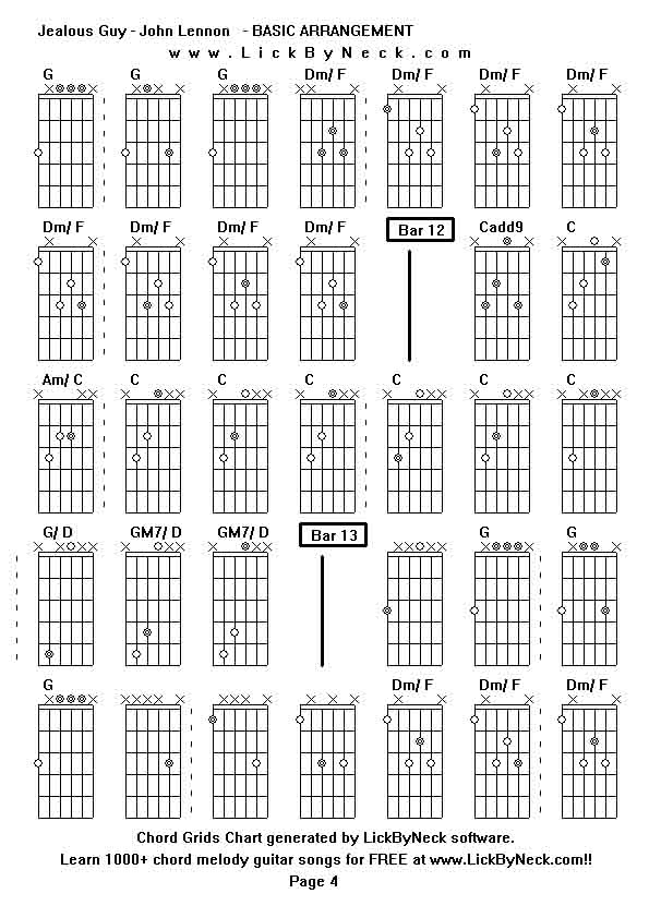 Chord Grids Chart of chord melody fingerstyle guitar song-Jealous Guy - John Lennon   - BASIC ARRANGEMENT,generated by LickByNeck software.